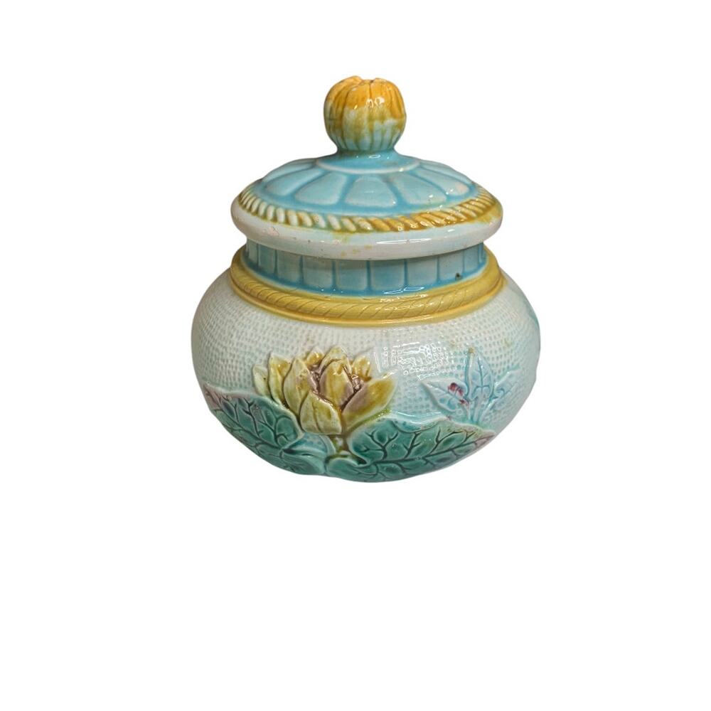 Antique Majolica Lily Pond Lidded Jar Blue Yellow Flower